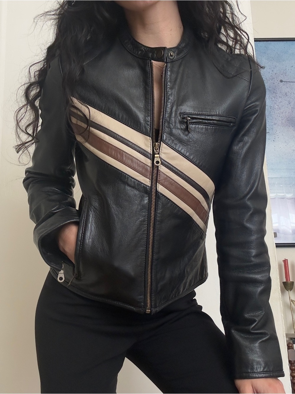 Vintage brown black leather moto jacket
